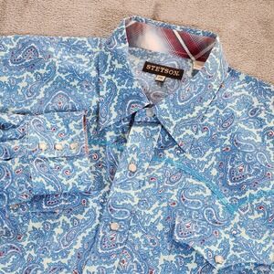 Stetson Shirt Mens 2XL Blue Paisley Cowboy Western Pearl Snap Long Sleeve